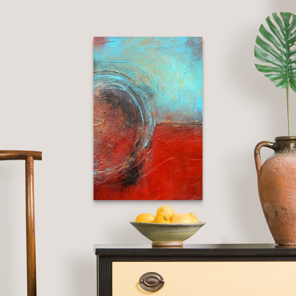 A traditional room featuring Abstract contemporary painting of two opposing colors separated by a line and joined together by ...