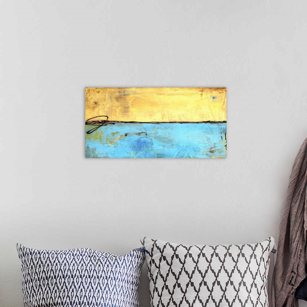 A bohemian room featuring Horizontal abstract painting split into two sections of light blue and yellow with heavy distress...