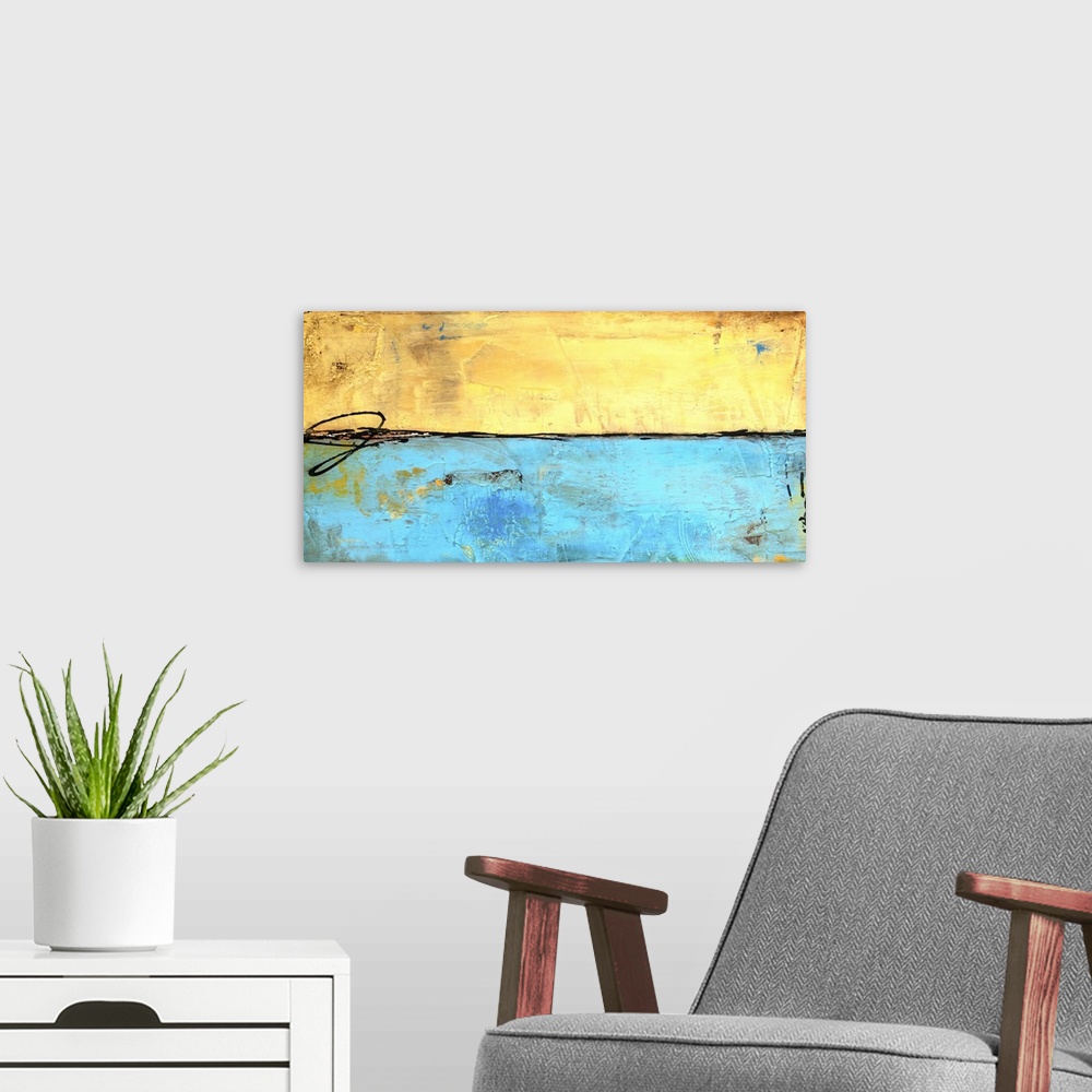 A modern room featuring Horizontal abstract painting split into two sections of light blue and yellow with heavy distress...