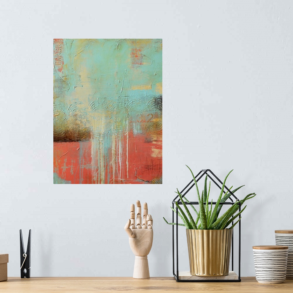 A bohemian room featuring Contemporary abstract painting in pastel colors featuring drips of paint and textured elements, r...