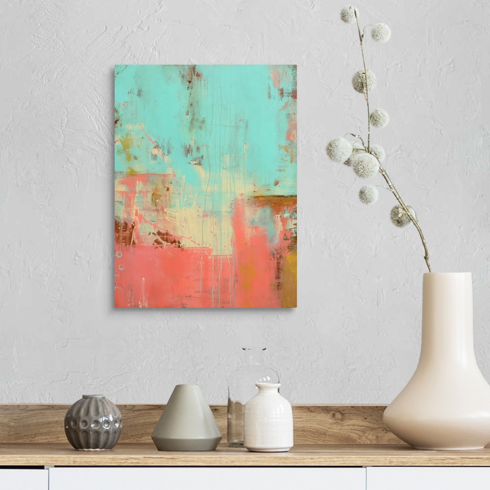 A farmhouse room featuring Large abstract art composed of cool tones mixed with varying levels of texture for added depth.