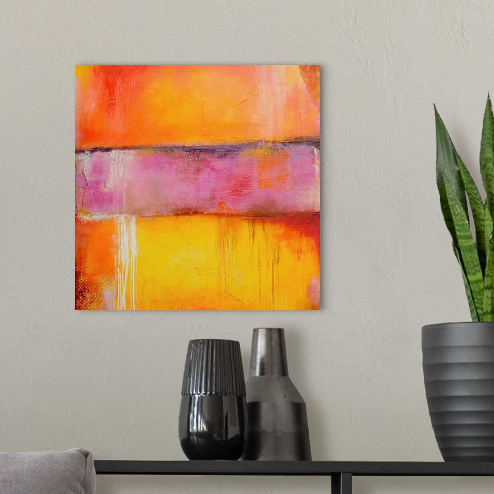 A modern room featuring This square shaped decorative accent is an abstract wall painting with candy color stripes.