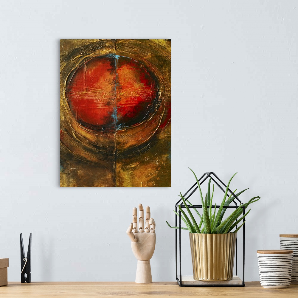 A bohemian room featuring Vertical contemporary painting on a giant canvas of a fiery circle encased by a golden, rounded s...