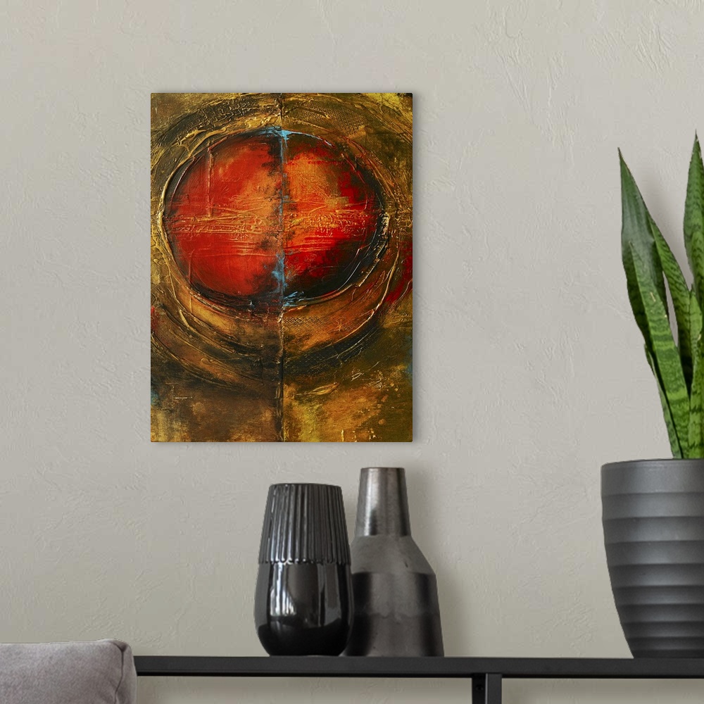 A modern room featuring Vertical contemporary painting on a giant canvas of a fiery circle encased by a golden, rounded s...
