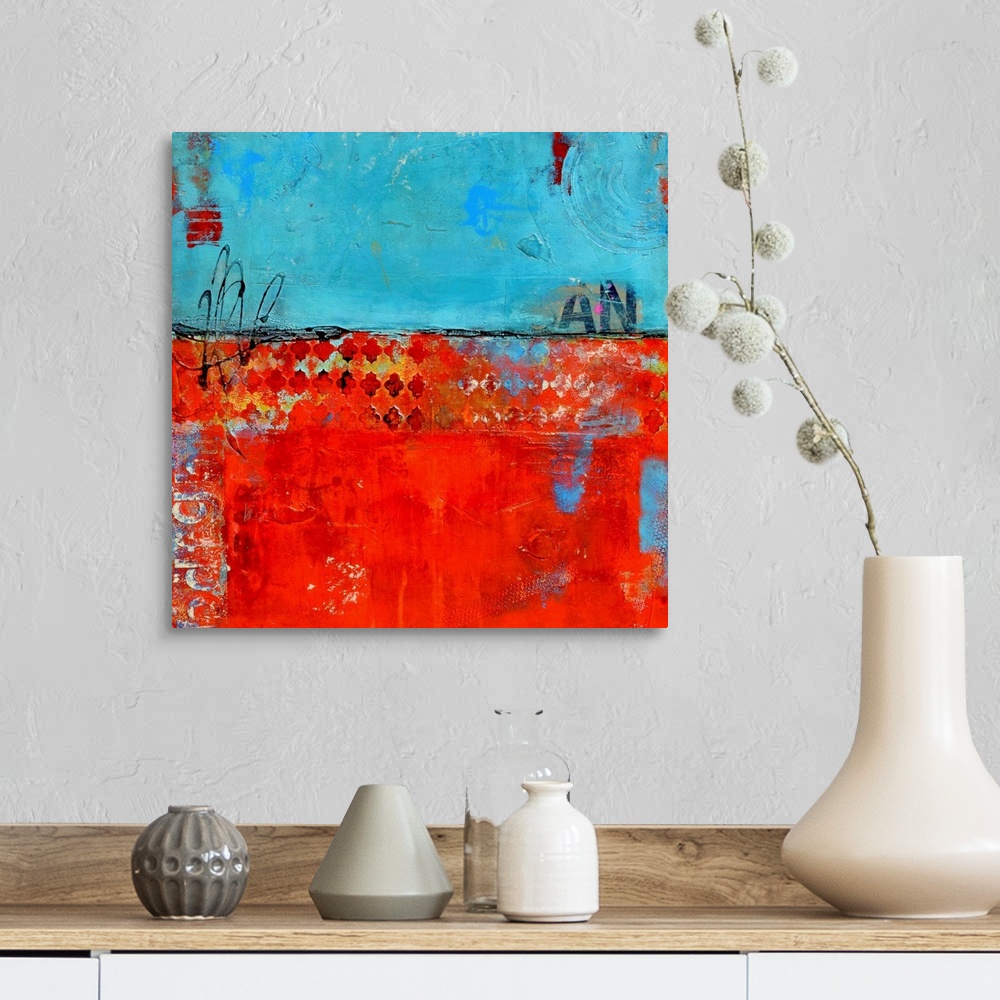 A farmhouse room featuring Contemporary abstract painting of a color-field of weathered blue and red, with partially conceal...