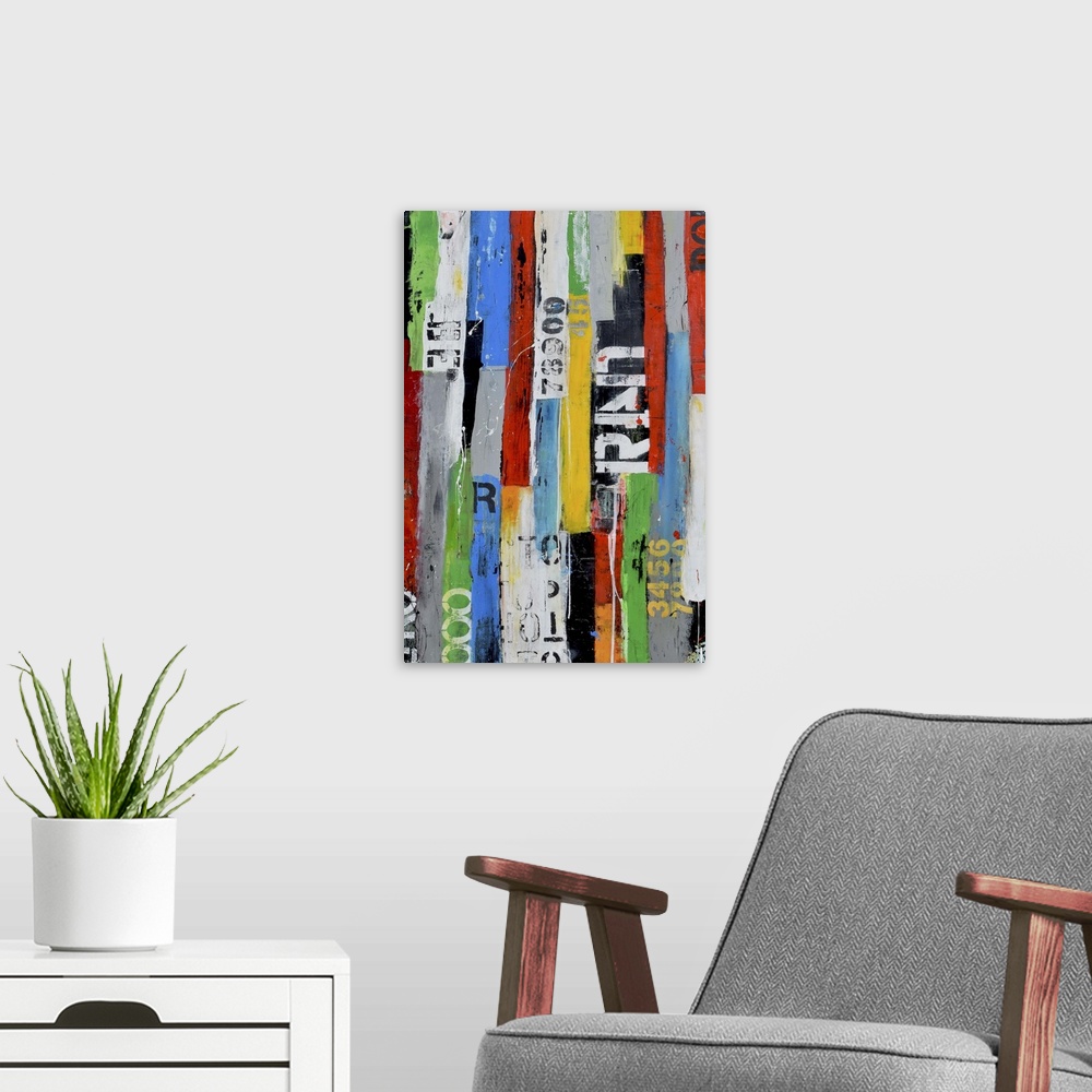 A modern room featuring A contemporary abstract painting using multiple colors and partially stenciled letters in vertica...