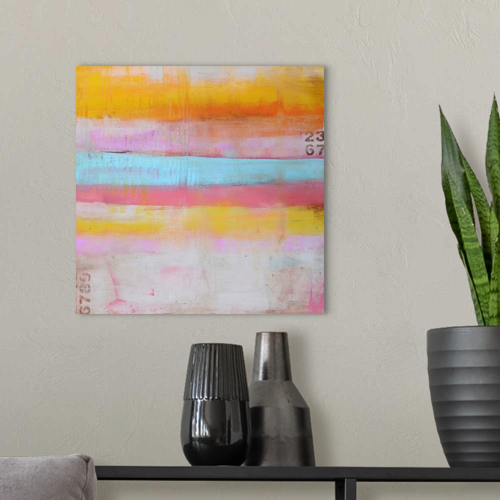 A modern room featuring An abstract painting on a square shaped canvas of horizontal stripes of pastel colors, sanded pai...