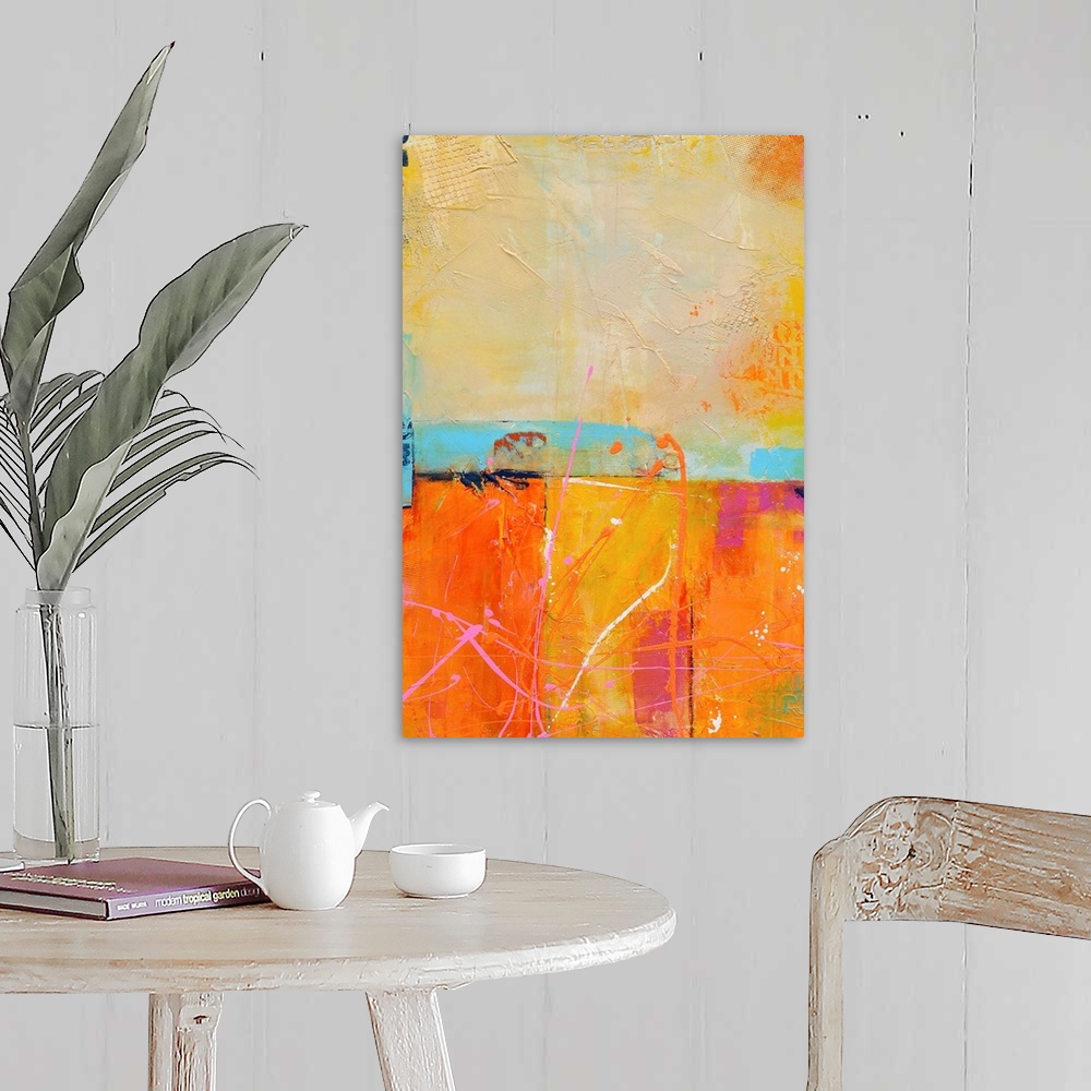 A farmhouse room featuring A vertical abstract painting that has a candy color palate with layered textures and colors divid...