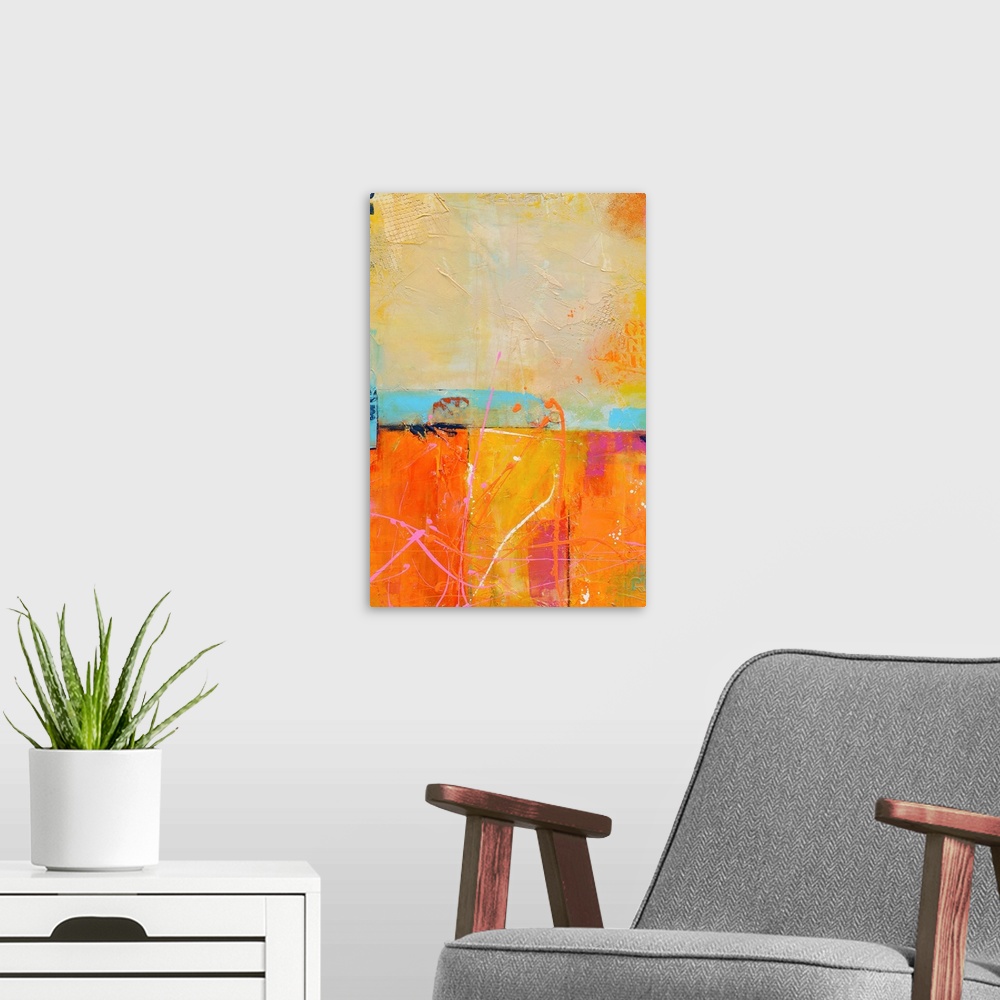 A modern room featuring A vertical abstract painting that has a candy color palate with layered textures and colors divid...