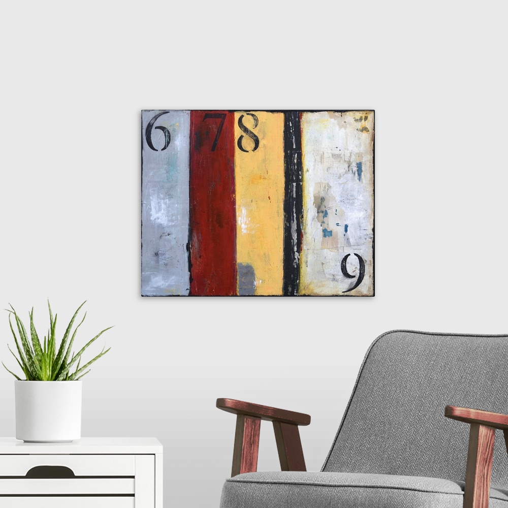A modern room featuring A contemporary abstract painting with grey, red, yellow and black vertical panels and the number ...