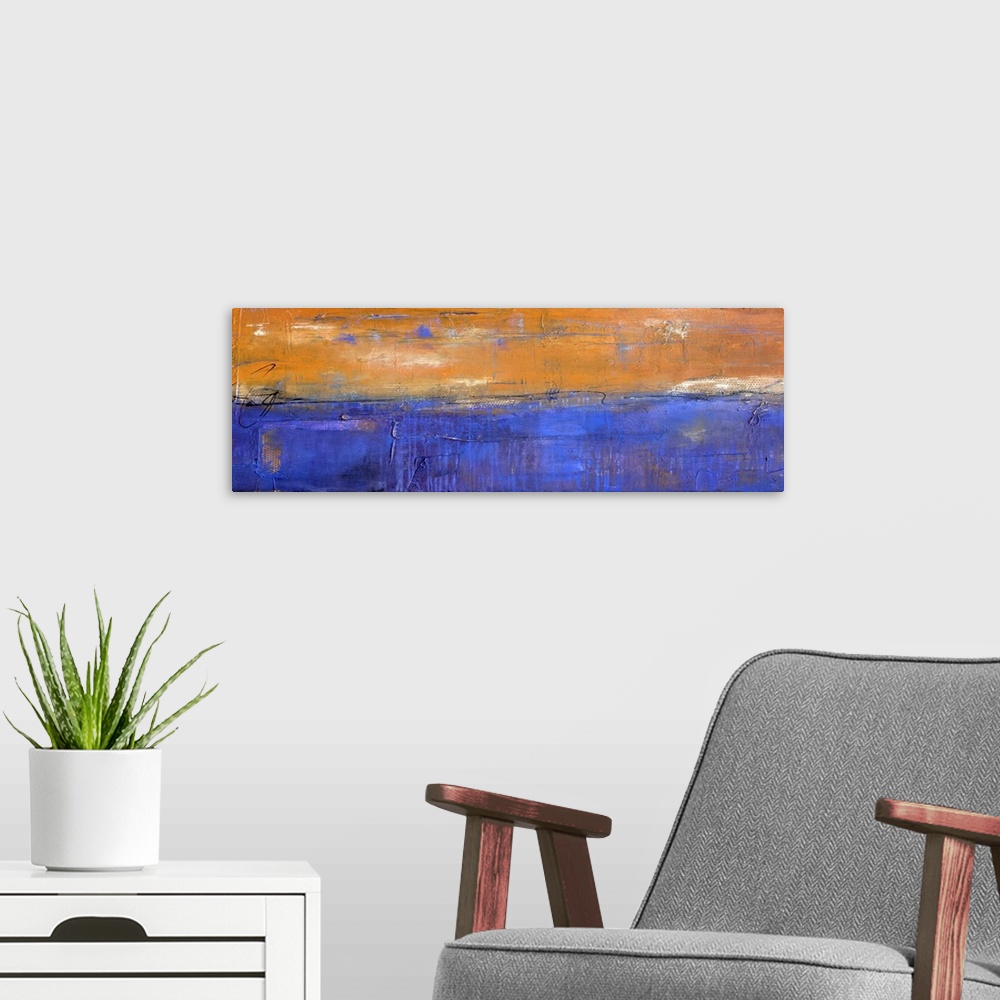 A modern room featuring Panoramic abstract painting in bold orange and blue hues with white coming through and thin, blac...