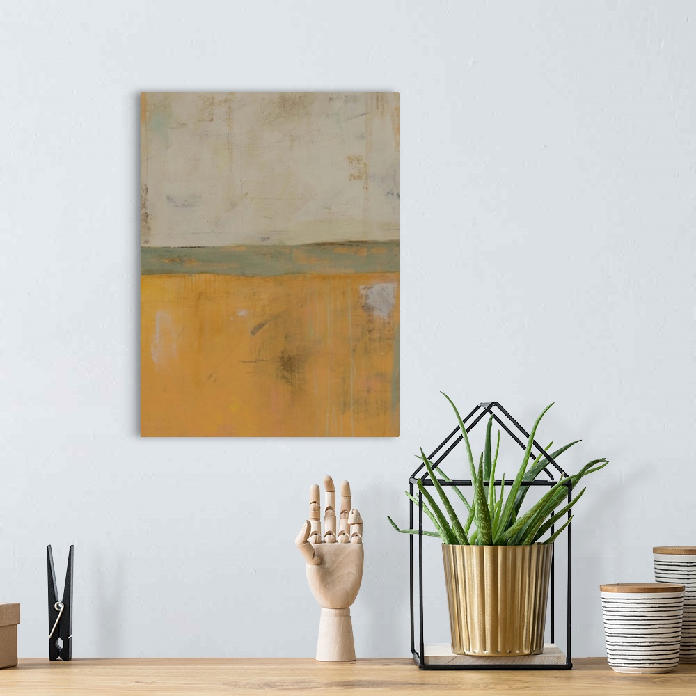A bohemian room featuring Contemporary abstract painting using muted earth tones.