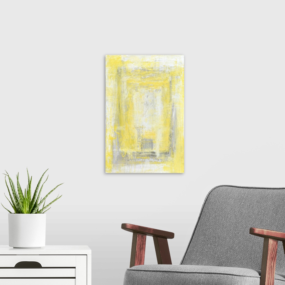 A modern room featuring A contemporary abstract painting using pale yellow and white in concentric boxes.