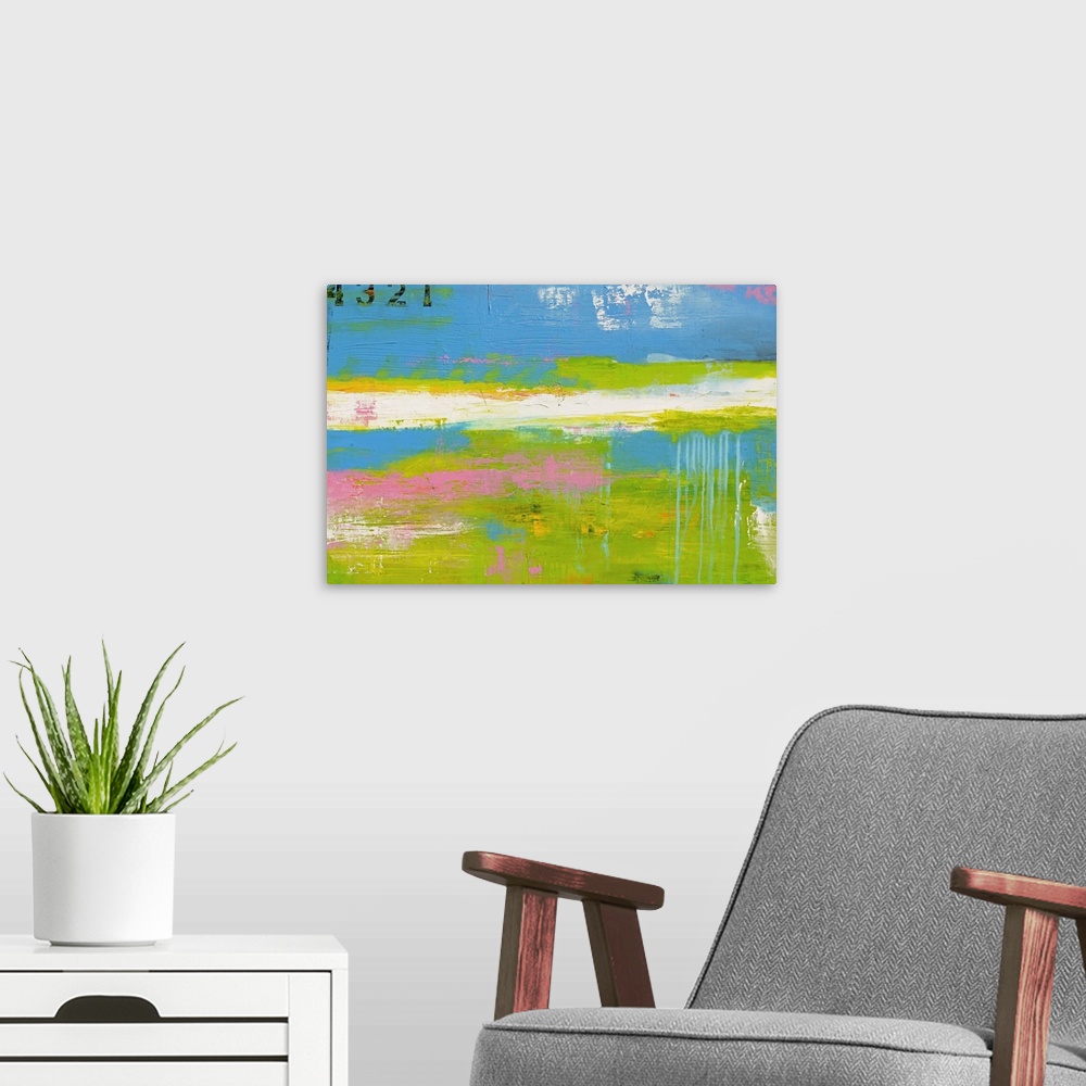A modern room featuring This is a horizontal abstract painting of lengthwise streaks of neon and pastel colors.