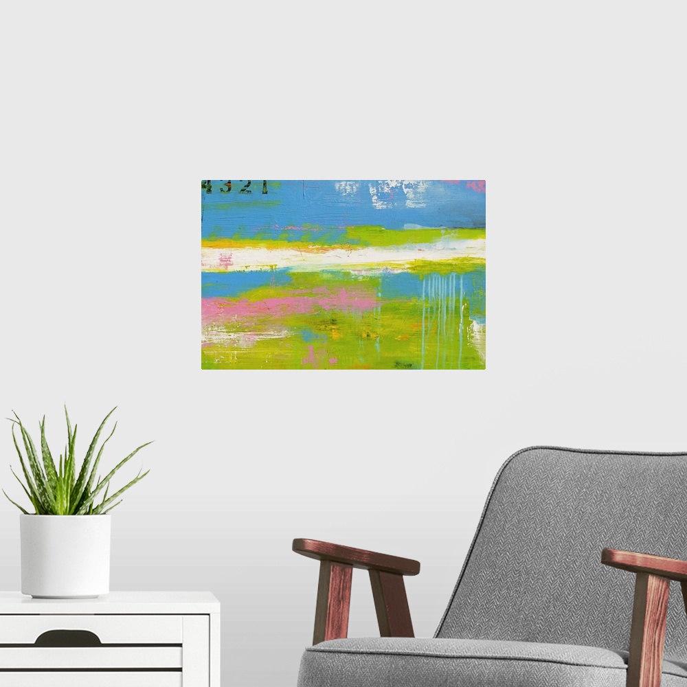 A modern room featuring This is a horizontal abstract painting of lengthwise streaks of neon and pastel colors.