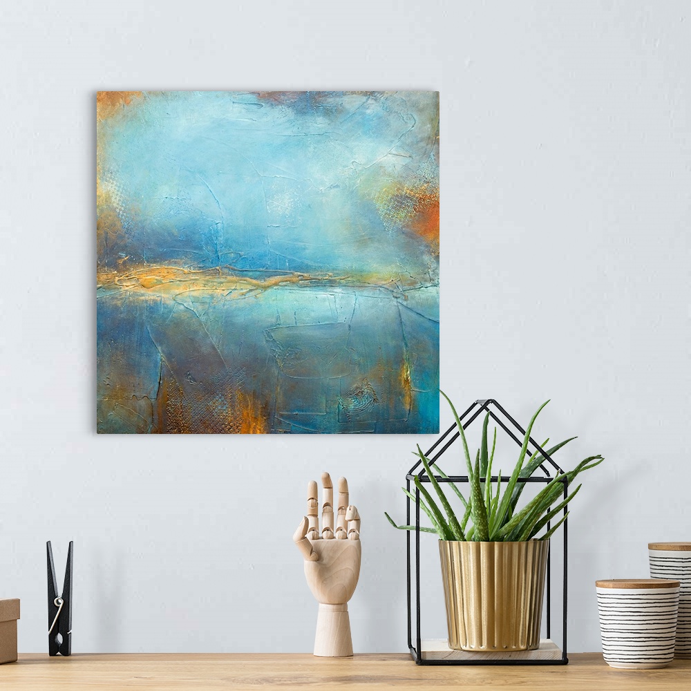 A bohemian room featuring This square wall art is an abstract painting created with layering paint and creating different t...
