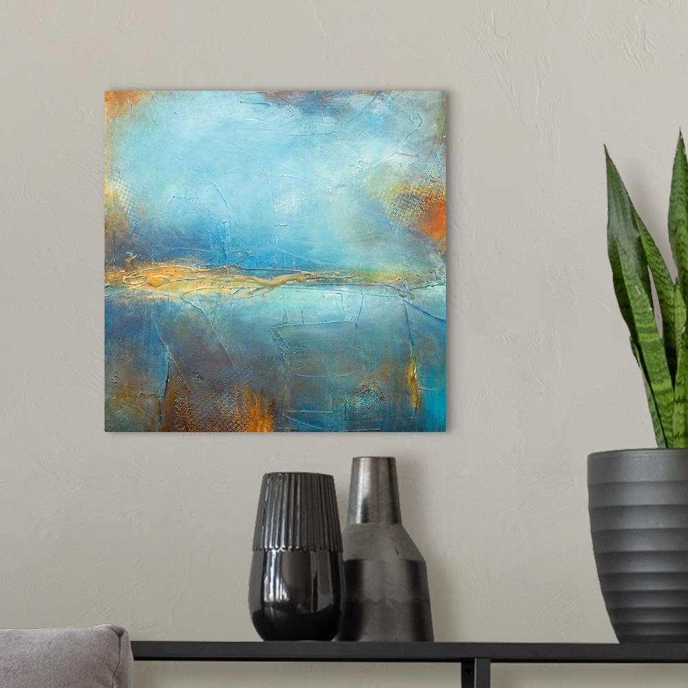 A modern room featuring This square wall art is an abstract painting created with layering paint and creating different t...