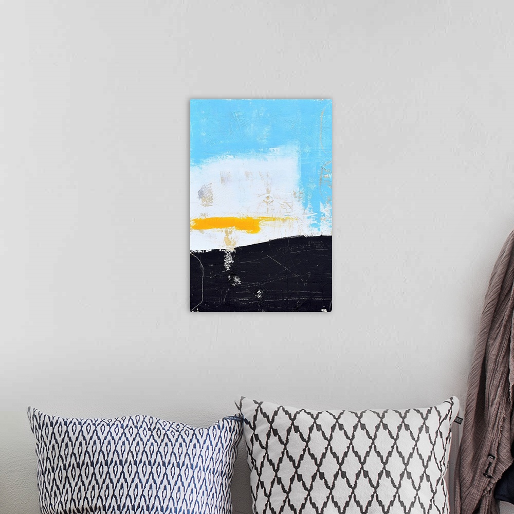 A bohemian room featuring A contemporary abstract painting using light blue, white and black with a pop of yellow.
