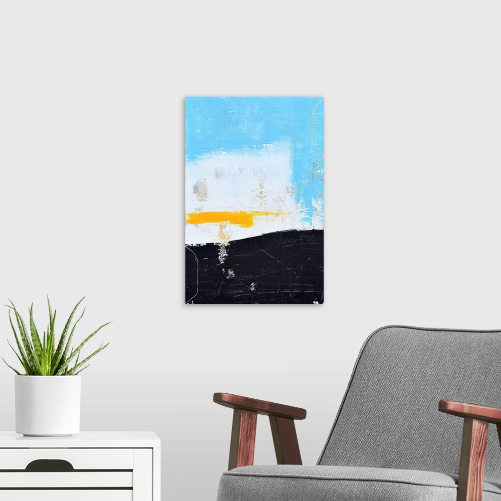 A modern room featuring A contemporary abstract painting using light blue, white and black with a pop of yellow.