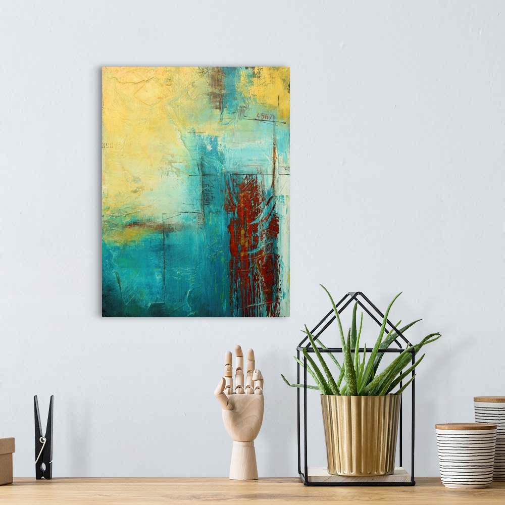 A bohemian room featuring Giant, vertical abstract painting with a variety of textured lines and patches of color, with sma...