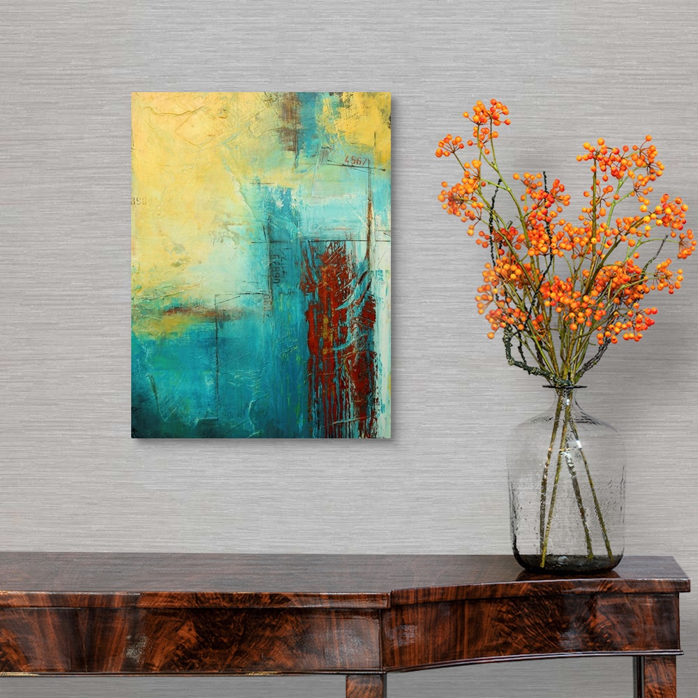 A traditional room featuring Giant, vertical abstract painting with a variety of textured lines and patches of color, with sma...