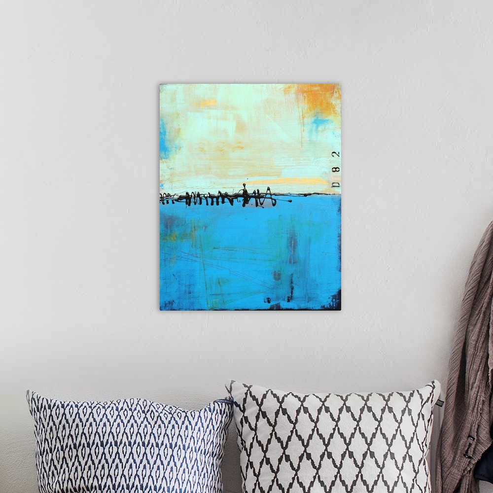 A bohemian room featuring Contemporary abstract color field style painting using blue tones.