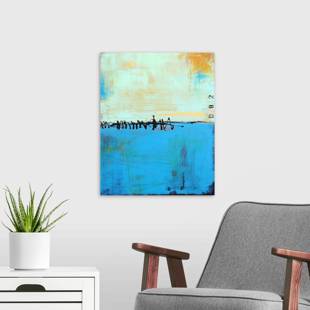A modern room featuring Contemporary abstract color field style painting using blue tones.