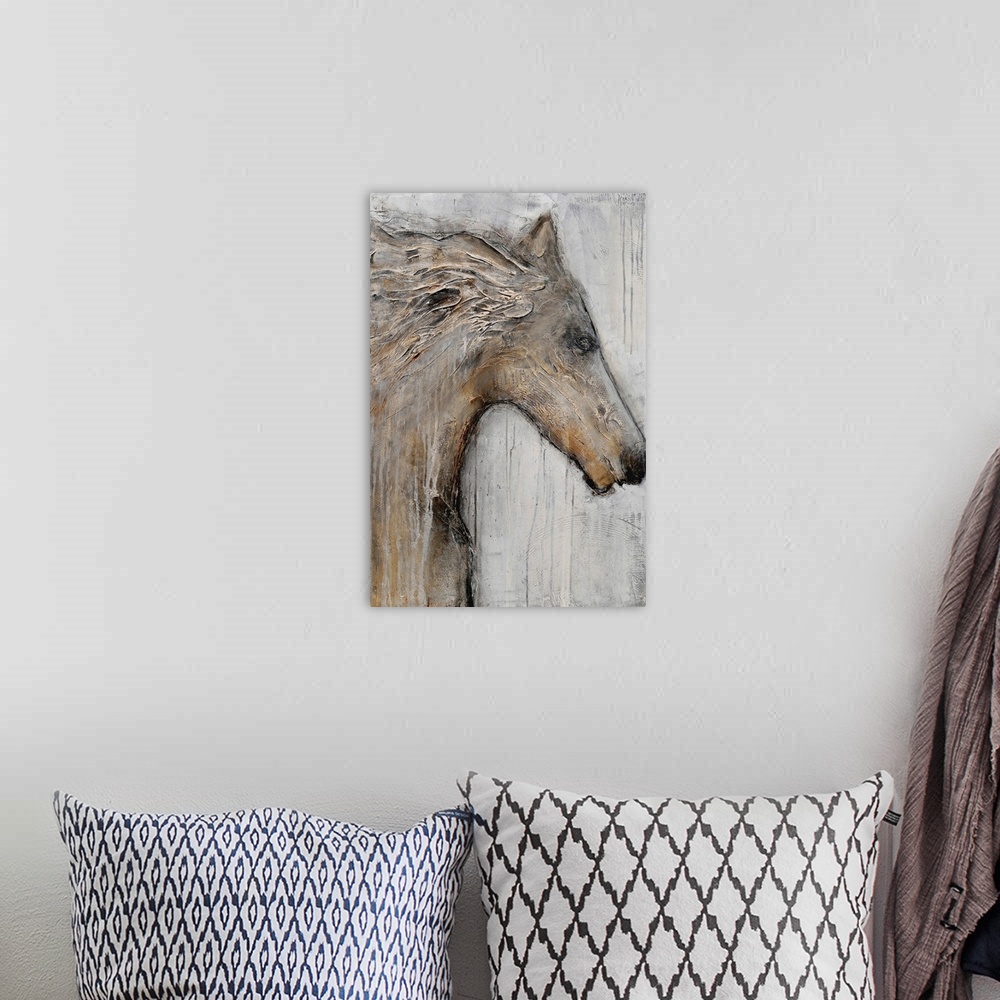A bohemian room featuring Portrait, oversized painting in neutral tones of the head and chest of a horse, mane blowing in t...