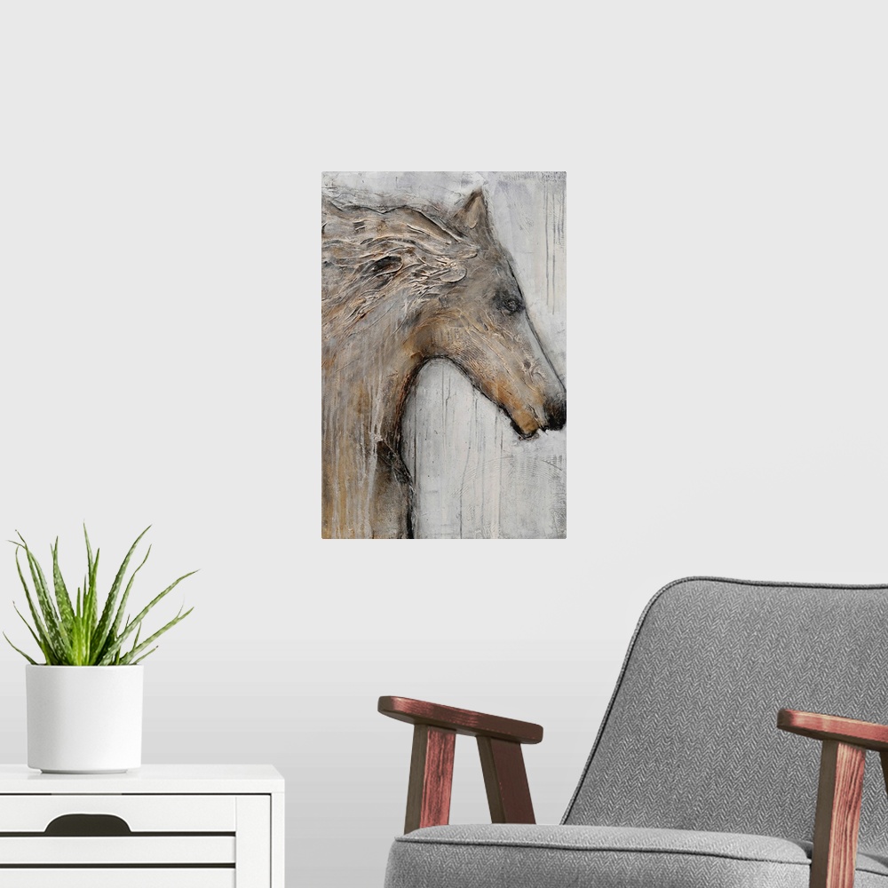 A modern room featuring Portrait, oversized painting in neutral tones of the head and chest of a horse, mane blowing in t...
