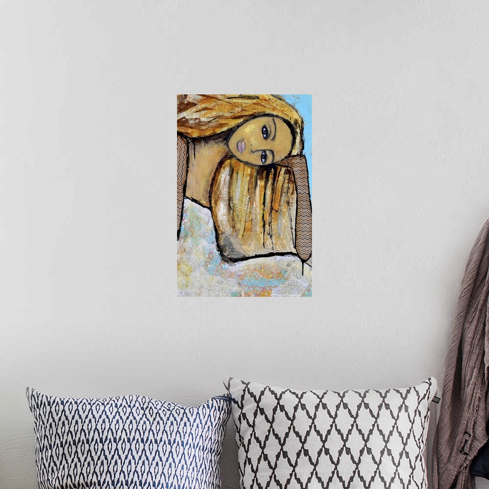 A bohemian room featuring Contemporary painting of a woman holding her head in her hand.