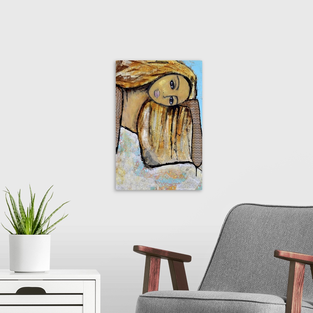 A modern room featuring Contemporary painting of a woman holding her head in her hand.