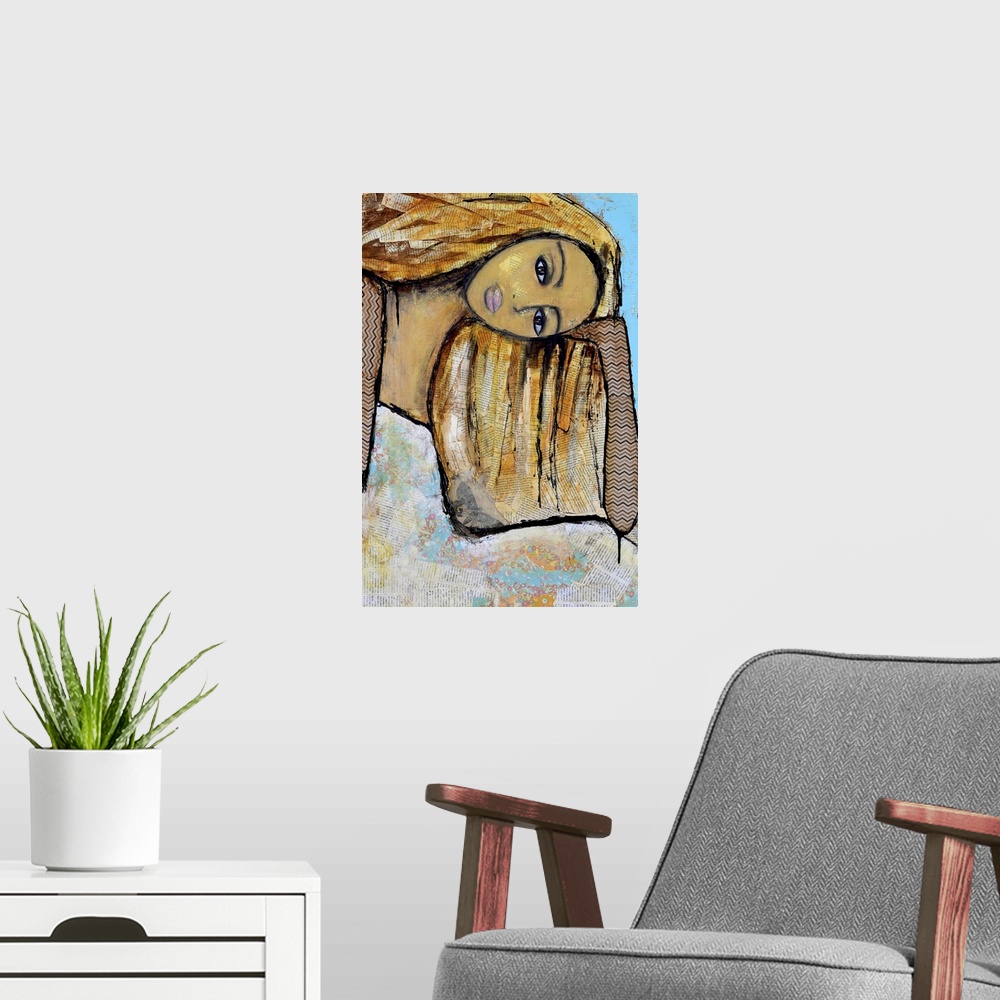 A modern room featuring Contemporary painting of a woman holding her head in her hand.