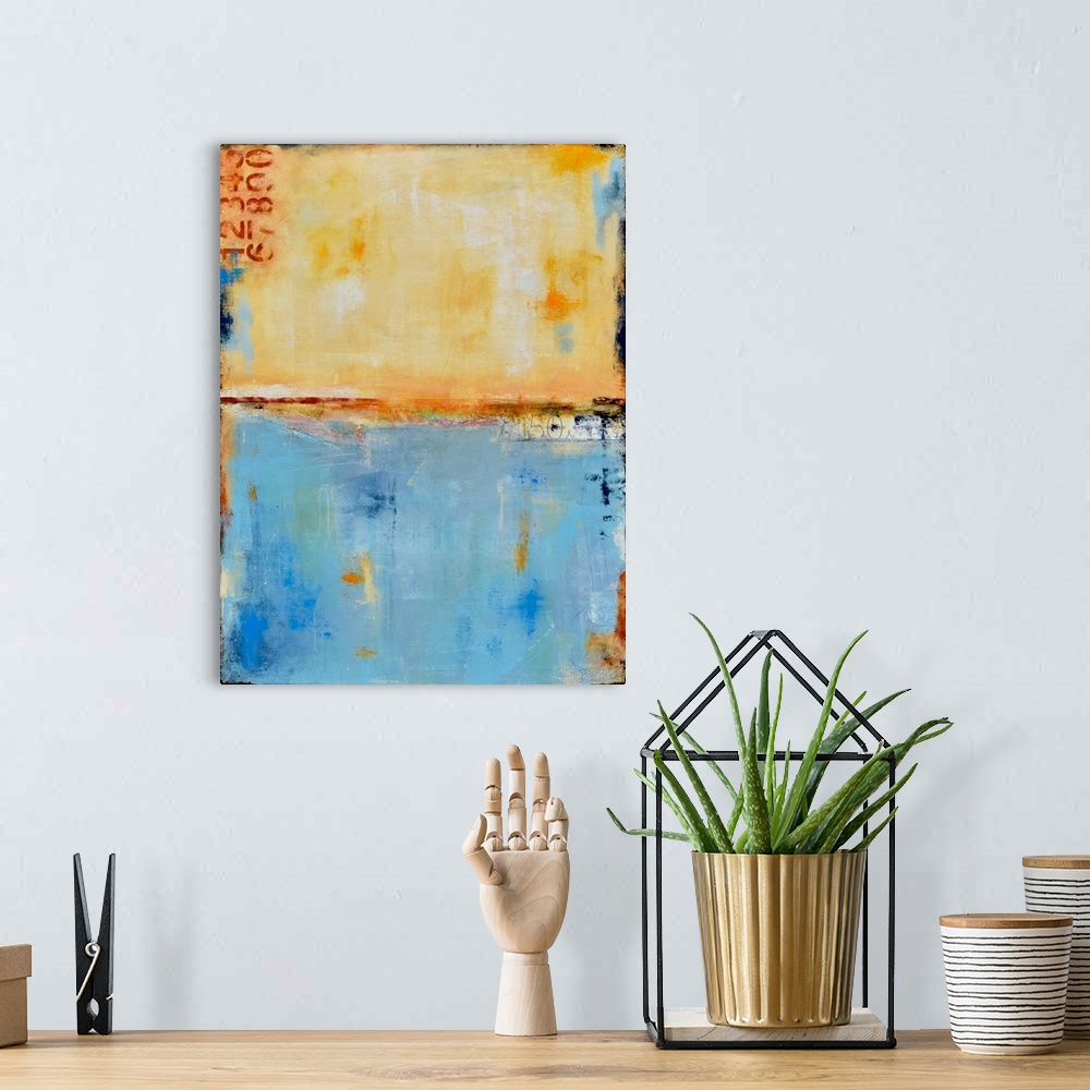 A bohemian room featuring Contemporary abstract painting using earthy tan colors with blue.
