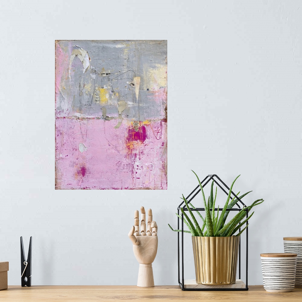 A bohemian room featuring Inspired by dilapidated buildings, this contemporary artwork features torn layers of pink and gra...