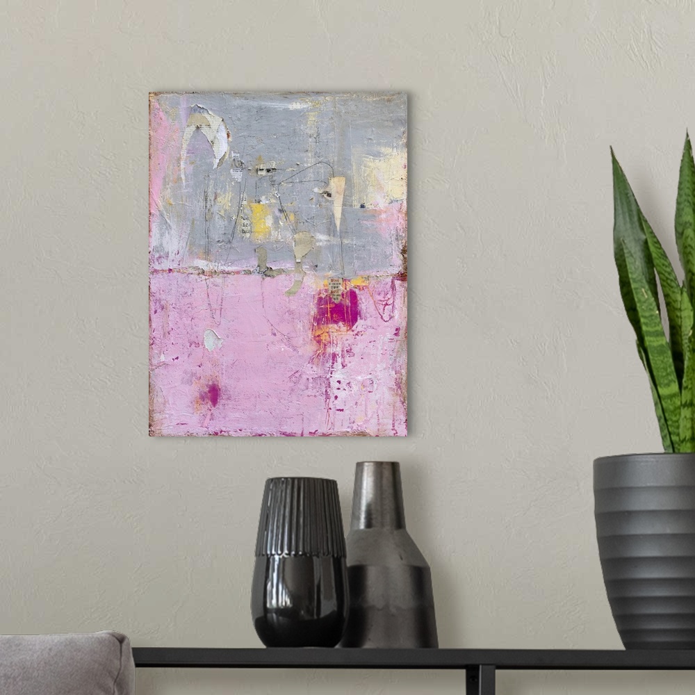 A modern room featuring Inspired by dilapidated buildings, this contemporary artwork features torn layers of pink and gra...