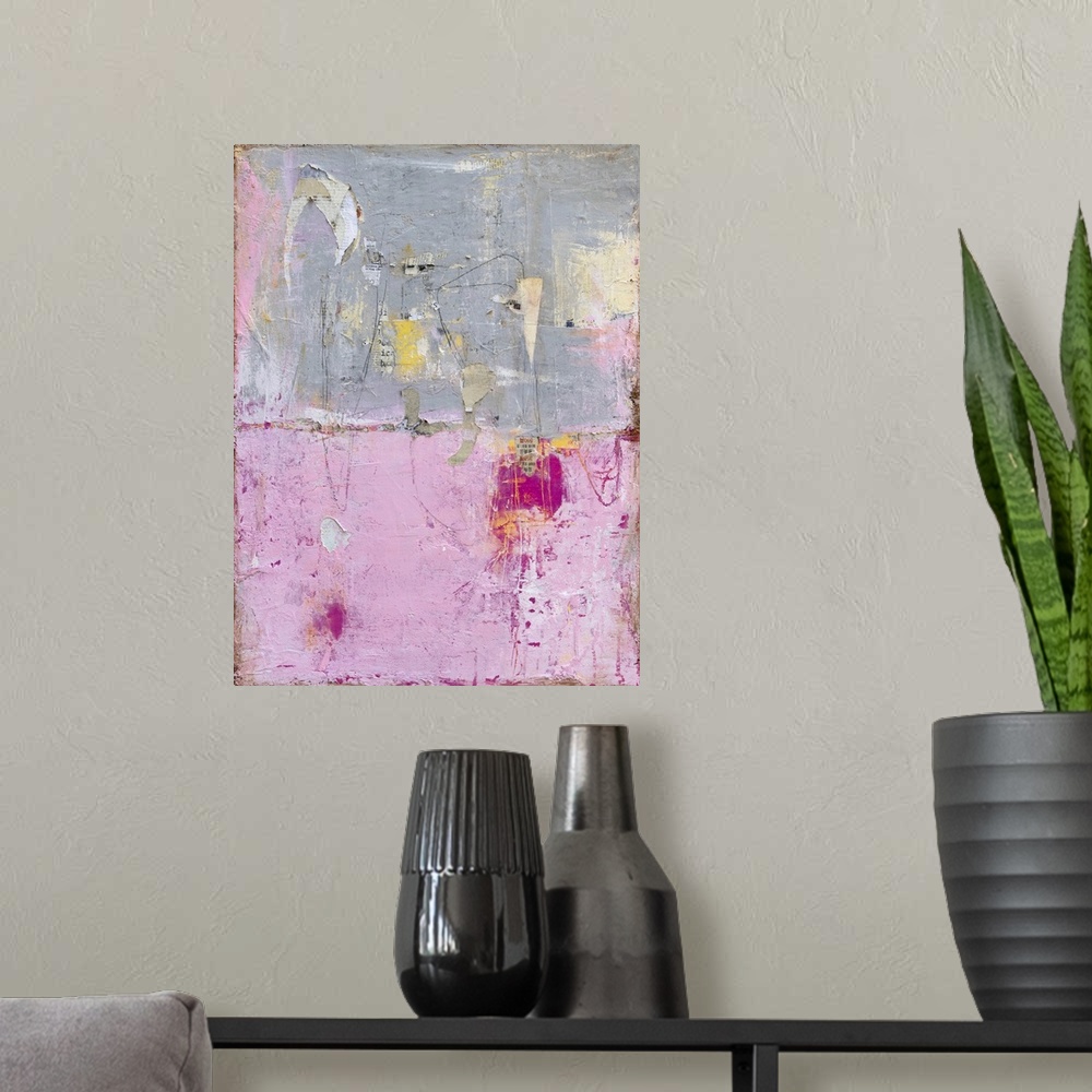 A modern room featuring Inspired by dilapidated buildings, this contemporary artwork features torn layers of pink and gra...