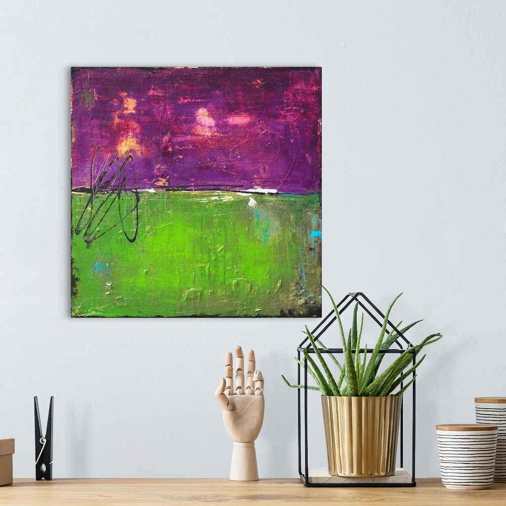 A bohemian room featuring Abstract painting with a bright purple and bright green splitting the painting in half with a thi...