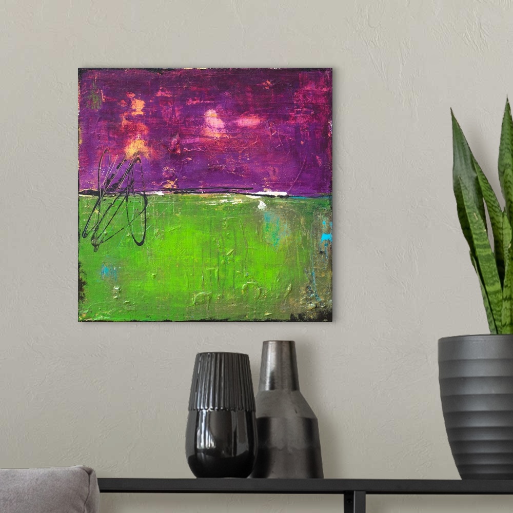A modern room featuring Abstract painting with a bright purple and bright green splitting the painting in half with a thi...