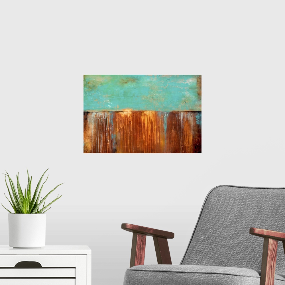 A modern room featuring A contemporary abstract painting that is divided into two horizontal sections, a cool blue-green ...