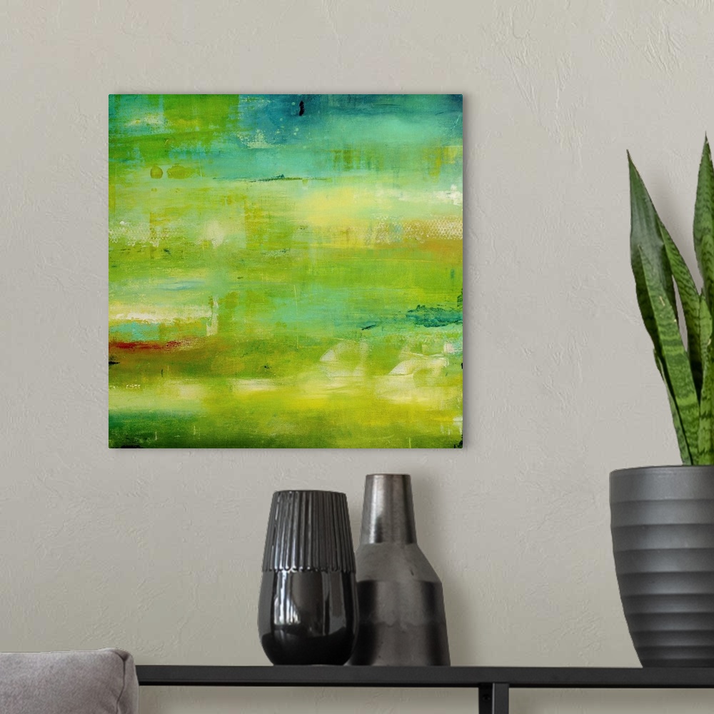 A modern room featuring Contemporary abstract painting using vibrant green tones.