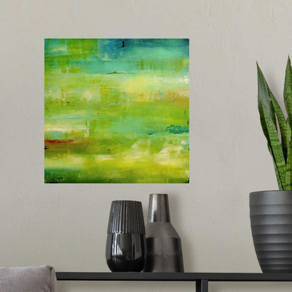 A modern room featuring Contemporary abstract painting using vibrant green tones.