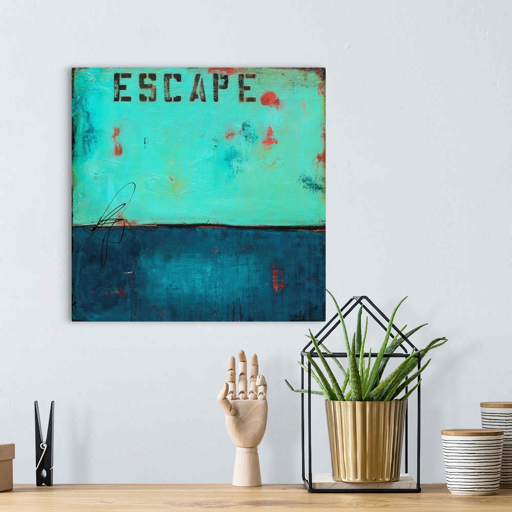 A bohemian room featuring Square abstract art created in shades of blue with pops of red throughout and the word "Escape" s...