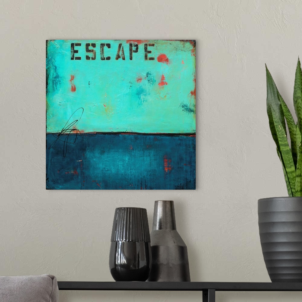 A modern room featuring Square abstract art created in shades of blue with pops of red throughout and the word "Escape" s...
