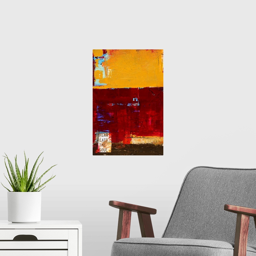 A modern room featuring A vertical painting by a contemporary artist that is a variety of paint textures, complementary c...
