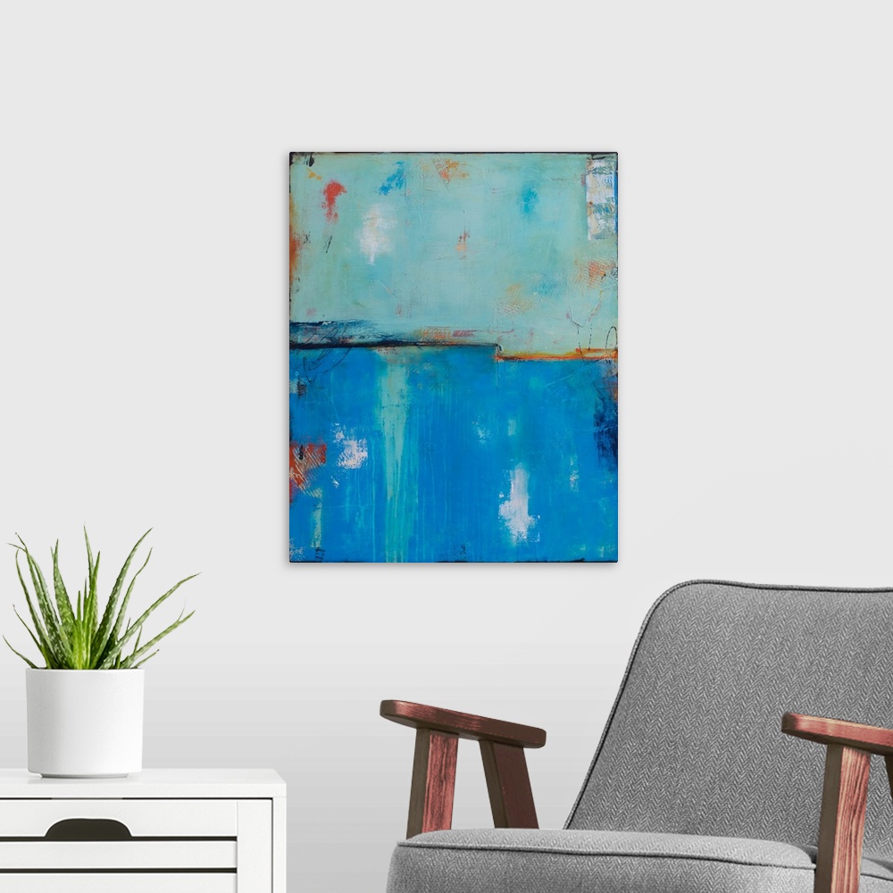 A modern room featuring Abstract painting with a cool blue toned background and warm pops of red and orange on top giving...