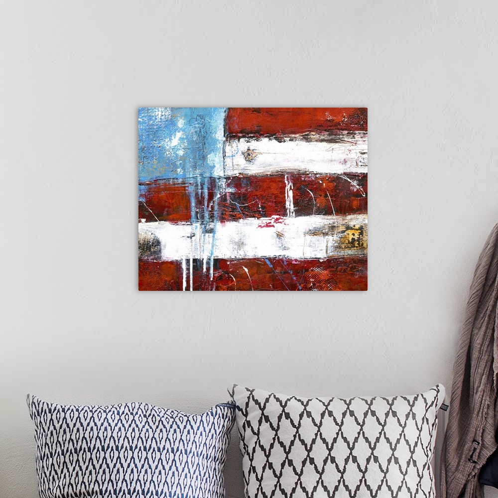 A bohemian room featuring Contemporary abstract painting of the American flag.