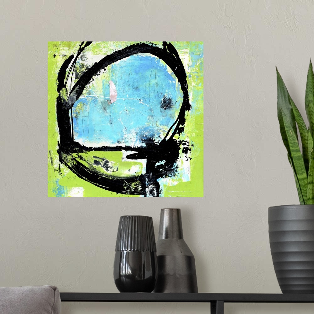 A modern room featuring Contemporary abstract artwork in teal and bright green with bold black lines.
