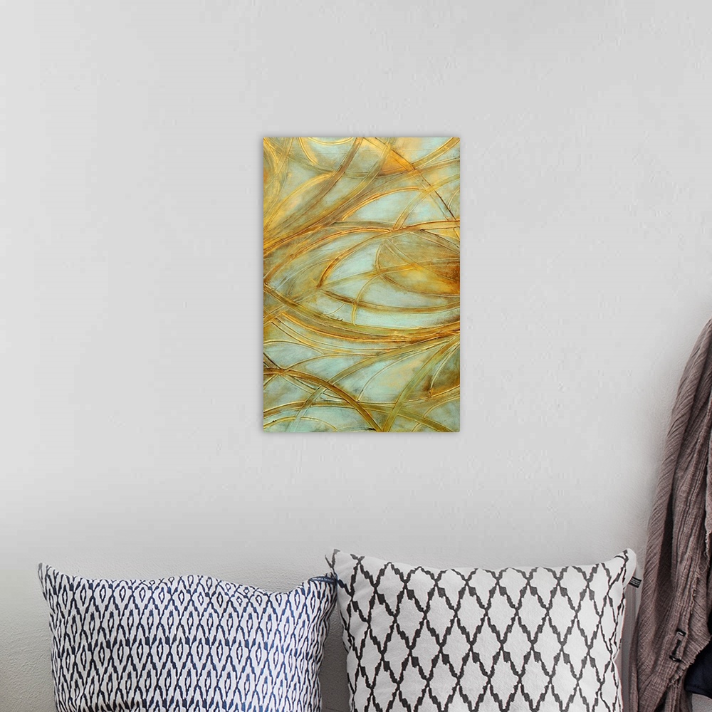 A bohemian room featuring Vertical abstract canvas painting of earthly tones accented with cool tones with strong brush str...