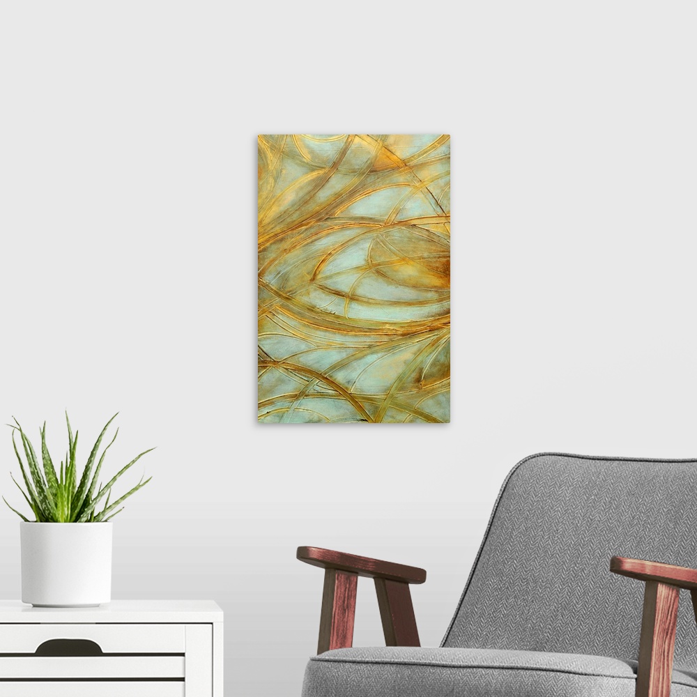 A modern room featuring Vertical abstract canvas painting of earthly tones accented with cool tones with strong brush str...