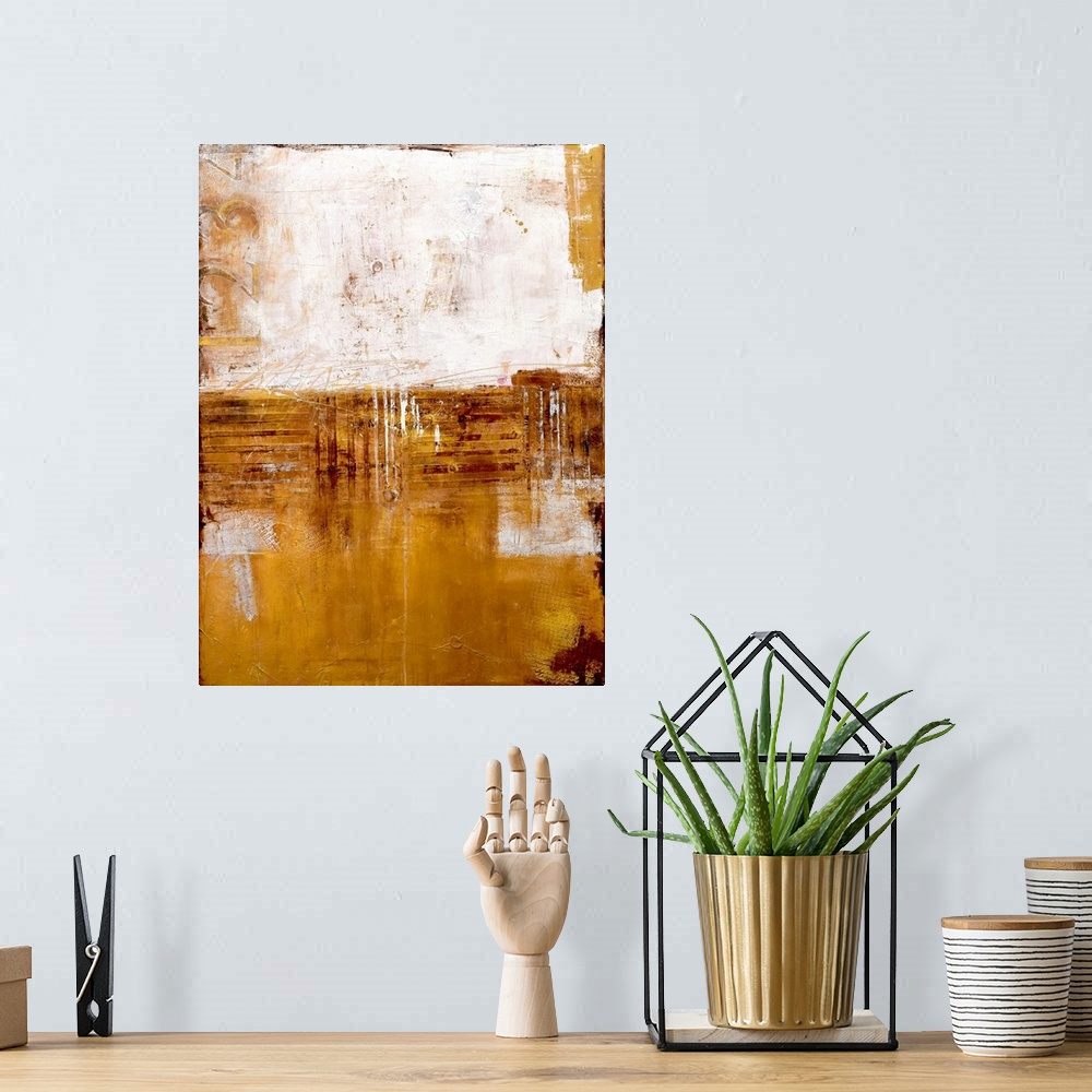 A bohemian room featuring Contemporary abstract painting using earthy tones with with white.